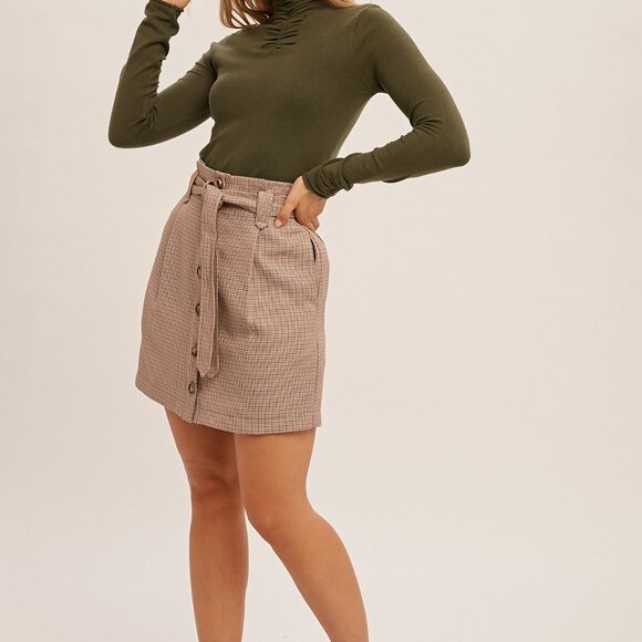 HEM & THREAD Taupe Plaid Belted Mini Skirt, High Waist Button-Front Skirt - Picture 3 of 5